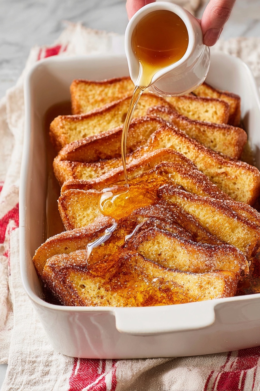 Baked Brioche French Toast Casserole, French Toast Casserole, Brunch Recipes, Breakfast Ideas, Easy Breakfast Casserole - A white rectangular baking dish holds three layers of golden-brown toast slices, each slice standing upright and slightly overlapping the next, forming a neat, angled pattern. The toast has a crunchy texture with some coarse sugar sprinkled on top. A woman's hand pours a light amber syrup over the toast, creating shiny pools of syrup that run into the layers. The dish rests on a light cloth with red stripes on a white marbled surface. Photo taken with an iphone --ar 2:3 --v 7