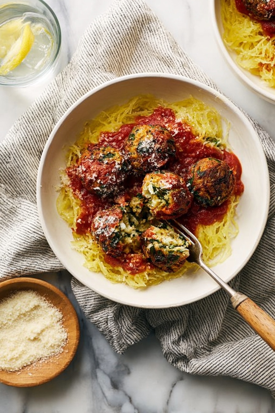 Chicken Spinach Meatballs with Spaghetti Squash, healthy chicken meatballs, spinach meatball recipes, low-carb spaghetti squash dinner, easy healthy dinner ideas - A white bowl sits on a white marbled surface with a gray and white striped cloth underneath, filled with a yellow spaghetti squash layer at the bottom that looks soft and stringy. On top, there is a thick red tomato sauce spread unevenly, covering parts of the squash. On the sauce, there are five round, golden-brown spinach balls with crispy edges, one of which is cut open showing a green and white filling inside. A silver fork with a wooden handle rests in the bowl, pressing into one of the spinach balls. A small wooden dish of grated cheese and another white bowl with the same dish are partly visible nearby, along with a glass of water with a lemon slice. photo taken with an iphone --ar 2:3 --v 7