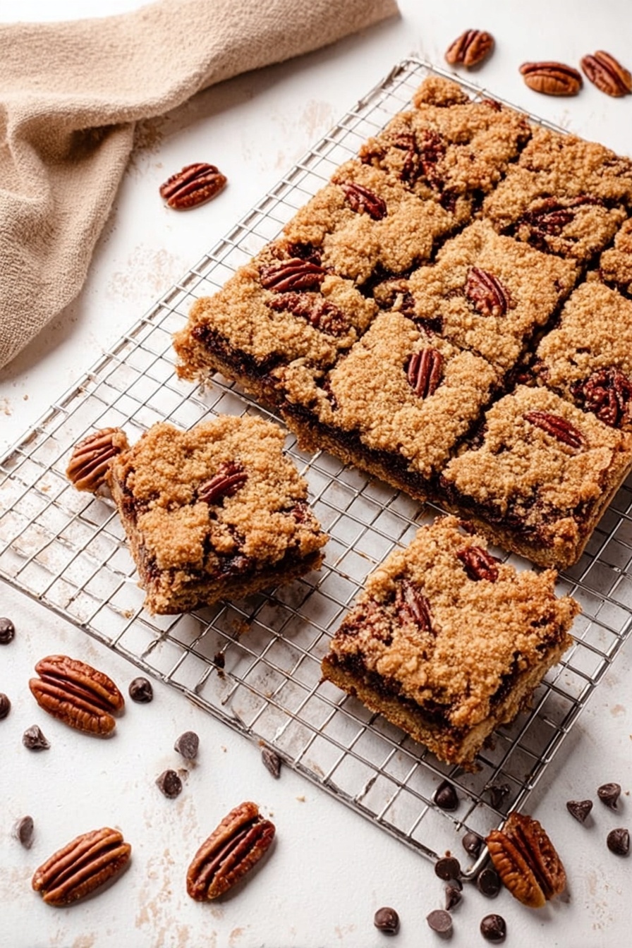 Gooey Chocolate Caramel Bars, chocolate caramel bars recipe, easy caramel bars, melt-in-your-mouth dessert, layered caramel bars - The image shows a close-up view of a thick bar on a metal cooling rack. The bar has two main layers: the bottom layer is light brown with a crumbly, oat-like texture, and the top layer is golden and slightly crisp with visible oats. Inside, a middle layer contains melted dark chocolate chips mixed with pecan pieces that are dark brown and shiny. The edges of the bar are rough, and extra pecans are scattered around on the white marbled surface below the rack. Photo taken with an iphone --ar 2:3 --v 7