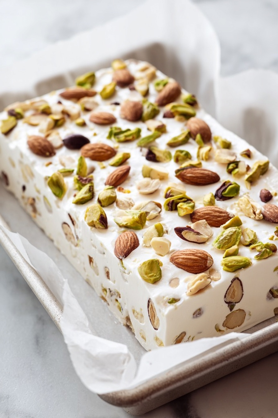 Easy Italian Nougat with Nuts, Italian nougat recipe, homemade nougat with nuts, chewy Italian nougat, traditional Italian torrone - A rectangular block of white nougat is shown resting on white parchment paper inside a white tray, placed on a white marbled surface. The nougat has one thick layer, filled inside and topped with whole almonds, pistachios, and hazelnuts that add a mix of light brown, dark brown, and green colors scattered evenly on the smooth, slightly glossy white base. Photo taken with an iphone --ar 2:3 --v 7