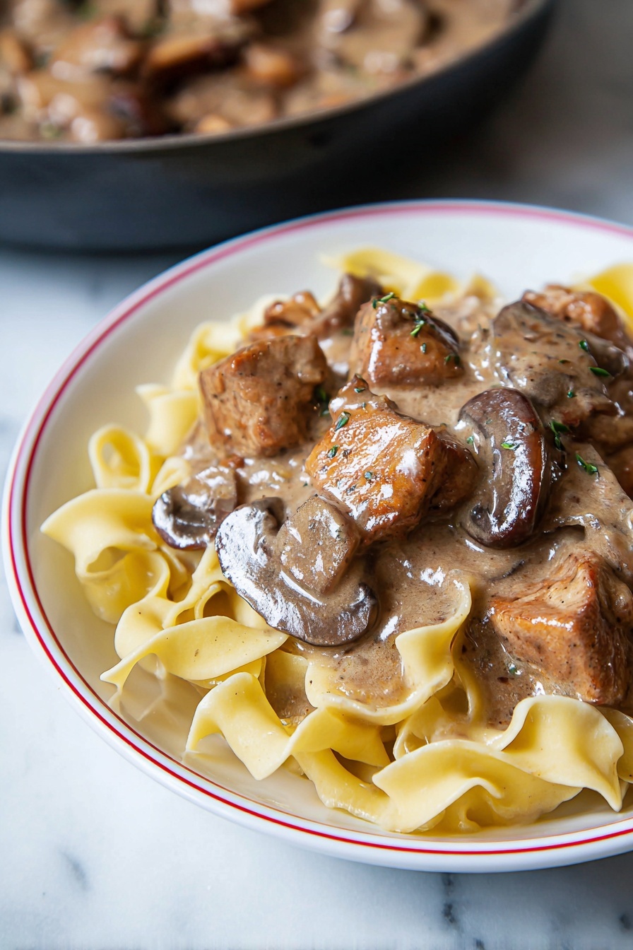 Easy Chicken Stroganoff, Chicken Stroganoff recipe, creamy chicken dinner, quick weeknight chicken, savory mushroom chicken - The dish shows a layer of light yellow egg noodles at the bottom, with soft wide ribbons that curl slightly. On top, there is a thick layer of brown creamy sauce that coats chunks of cooked meat and slices of mushrooms. The meat pieces are uneven in size and have seared brown edges. The mushrooms are dark brown and smooth. Everything is served in a white bowl with a thin red ring around the edge. The bowl sits on a white marbled surface. In the background, there is a hint of a black skillet with more meat and sauce inside. Photo taken with an iphone --ar 2:3 --v 7