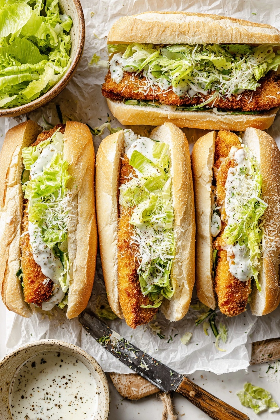 Crispy Chicken Caesar Sandwiches, chicken Caesar sandwich recipe, crispy chicken sandwich, easy Caesar sandwich, flavorful chicken sandwich - Four sandwiches are lined up on white parchment over a white marbled surface. Each sandwich has three layers: a soft, lightly toasted long white roll at the bottom with visible herbs, a crispy golden-brown breaded chicken strip in the middle, and a layer of fresh green lettuce mixed with creamy white dressing on top. Grated white cheese is sprinkled over the sandwiches. To the left, a brown bowl holds more fresh lettuce, and to the lower right, a rustic bowl contains white sauce with black pepper specks. A knife with a wooden handle lies near the lettuce bowl. The photo taken with an iphone --ar 2:3 --v 7