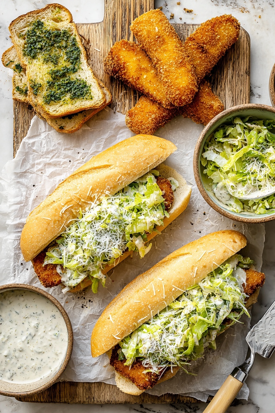 Crispy Chicken Caesar Sandwiches, chicken Caesar sandwich recipe, crispy chicken sandwich, easy Caesar sandwich, flavorful chicken sandwich - The image shows two sandwiches placed on white parchment paper over a wooden board with a white marbled surface beneath. Each sandwich has a light brown, crusty sandwich roll sliced open, filled with a golden-brown crispy fried cutlet as the bottom layer. On top of the cutlets is a generous layer of fresh, bright green shredded lettuce mixed lightly with a creamy dressing. The sandwiches are sprinkled with white grated cheese, adding a snowy texture on top. On the board above the sandwiches, there are two extra crispy fried cutlets side by side. To the left, there is a toasted white bread slice spread with green herb and butter mix. Next to it, a small rustic bowl contains creamy white sauce topped with black pepper. At the upper right corner of the board, a bowl holds more lettuce salad, coated lightly with the same creamy dressing and grated cheese. A metal spatula with a light wooden handle leans on the white marbled surface near the bowls. photo taken with an iphone --ar 2:3 --v 7