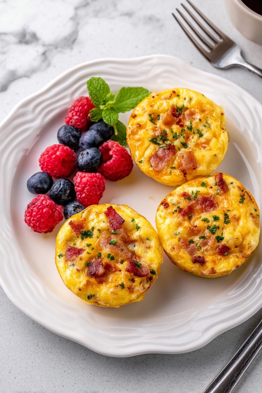 Cheddar Vegetable Egg Bites, breakfast egg bites, healthy egg breakfast recipe, easy morning egg bites, make-ahead veggie egg bites - A white plate with a wavy edge holds three round, golden-yellow egg muffins that have small pieces of reddish-brown bacon and melted cheese mixed inside, with some green parsley sprinkled on top. Beside the muffins is a small pile of fresh berries including bright red raspberries and dark blue blueberries, topped with a small green mint leaf. The plate sits on a white marbled surface with a fork visible on the right side near the edge. photo taken with an iphone --ar 2:3 --v 7