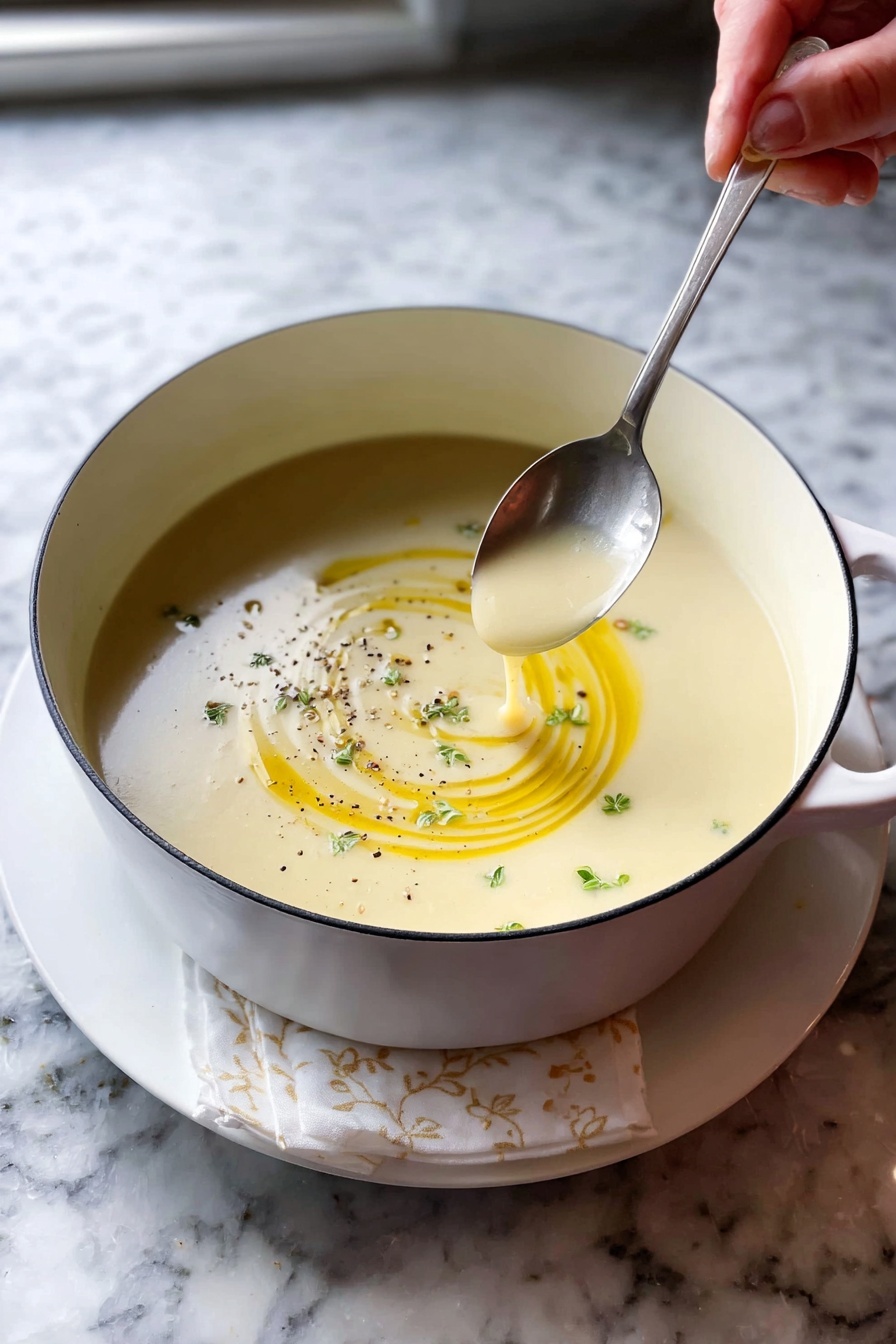Creamy Potato Leek Soup, potato leek soup, creamy leek and potato soup, easy potato leek soup, comforting soup recipes - A white bowl filled with smooth, creamy light beige soup sits in the center. On top, there is a spiral of bright yellow oil and small green herb leaves scattered around, along with a light sprinkle of black pepper. A silver spoon rests on the right edge of the bowl. The bowl is placed on a white plate that holds a white and light yellow patterned cloth. The background shows a white marbled texture with small green herb sprigs scattered around. photo taken with an iphone --ar 2:3 --v 7