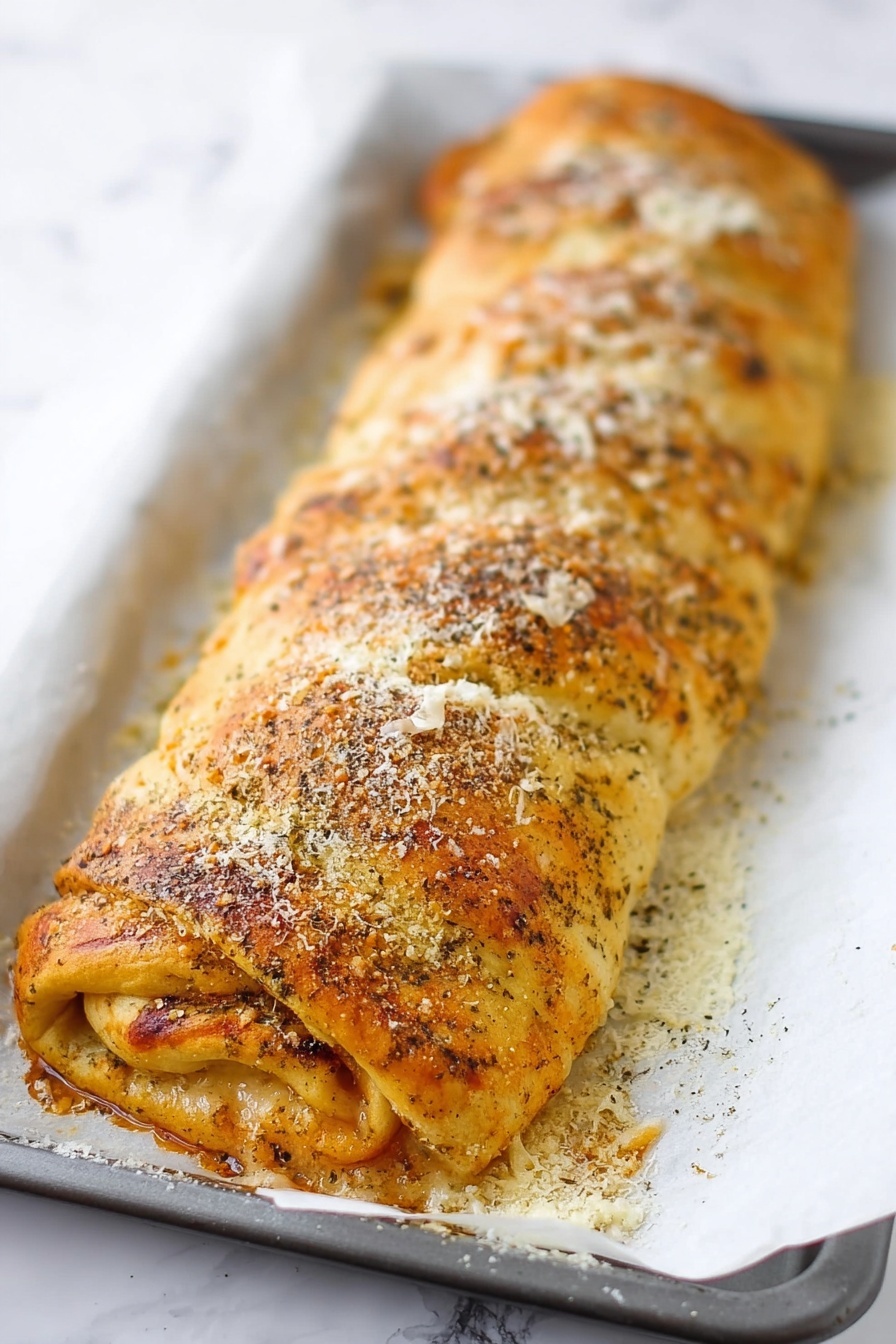 Cheesy Pepperoni Roll-Ups with Marinara, easy snack ideas, game day appetizer, cheesy pepperoni roll-ups, savory finger food - A long, golden-brown rolled bread sits on white parchment paper in a baking tray. The bread surface is sprinkled with white grated cheese and black pepper, giving it a textured look. The edges show some melted cheese oozing out slightly, and the roll looks soft but crispy on top with uneven browning. The tray rests on a white marbled surface. photo taken with an iphone --ar 2:3 --v 7