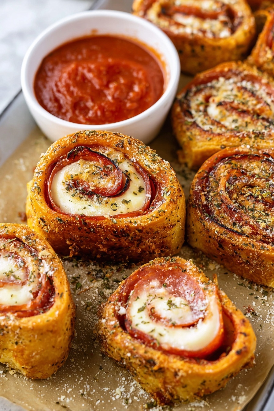 Cheesy Pepperoni Roll-Ups with Marinara, easy snack ideas, game day appetizer, cheesy pepperoni roll-ups, savory finger food - The image shows several golden-brown pizza rolls arranged closely on a light brown parchment paper. Each roll has a crispy outer crust sprinkled with herbs and parmesan, and inner layers of red pepperoni slices and white melted cheese, swirled in a spiral. A small white bowl filled with thick bright red marinara sauce is placed among the pizza rolls. The background is a white marbled texture. Photo taken with an iphone --ar 2:3 --v 7