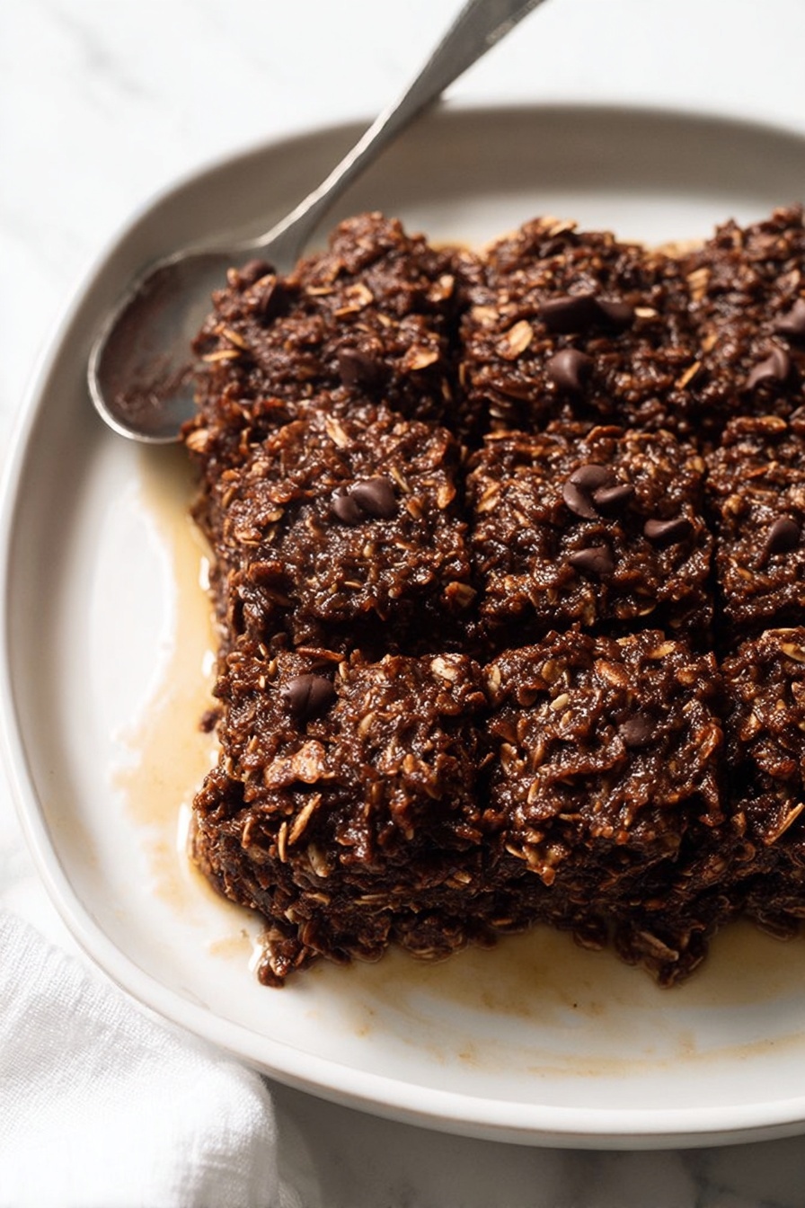 Healthy Chocolate Banana Baked Oatmeal, healthy breakfast ideas, nutritious baked oatmeal, chocolate banana breakfast, wholesome oatmeal recipes - A rectangular white ceramic dish filled with a baked dark brown oat and chocolate chip mixture that is thick and textured. The surface is rough with visible oats and small shiny chocolate chips scattered throughout. The dish is placed on a white marbled surface with a white cloth partially visible at the bottom left. The top is divided into six uneven square pieces that show the dense and moist texture inside. Photo taken with an iphone --ar 2:3 --v 7