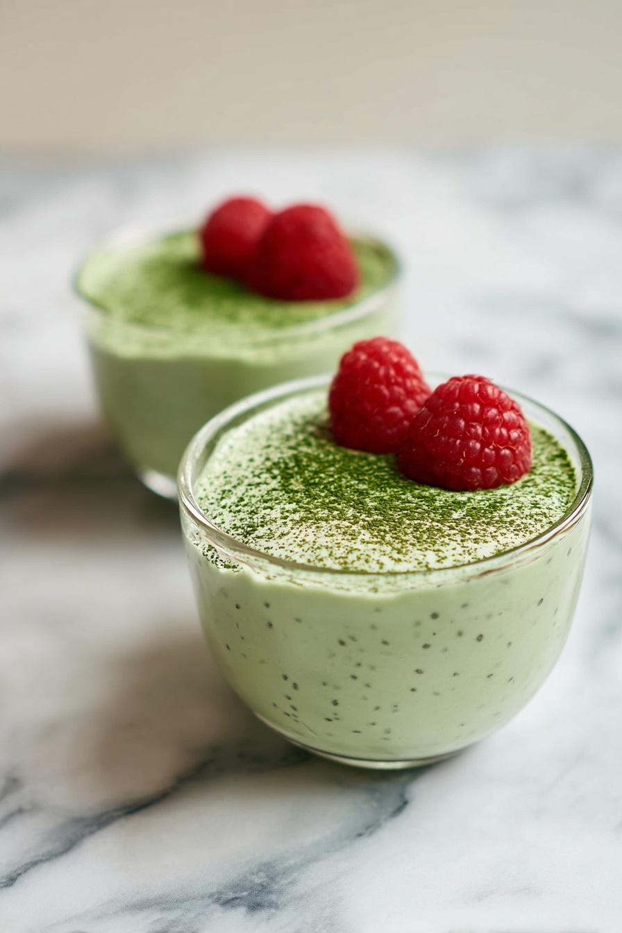 Matcha Protein Chia Pudding, healthy matcha breakfast, vegan chia pudding, high-protein superfood snack, easy overnight chia pudding - Two clear glass bowls are filled with a light green mousse-like dessert that has tiny black seeds throughout. Each bowl has a layer of green powder sprinkled on top, creating a matte texture. Two bright red raspberries sit on the surface of each dessert, adding a pop of color. The bowls are placed on a white marbled surface, with one bowl slightly behind and blurred, and the other in clear focus in the front. Photo taken with an iphone --ar 2:3 --v 7