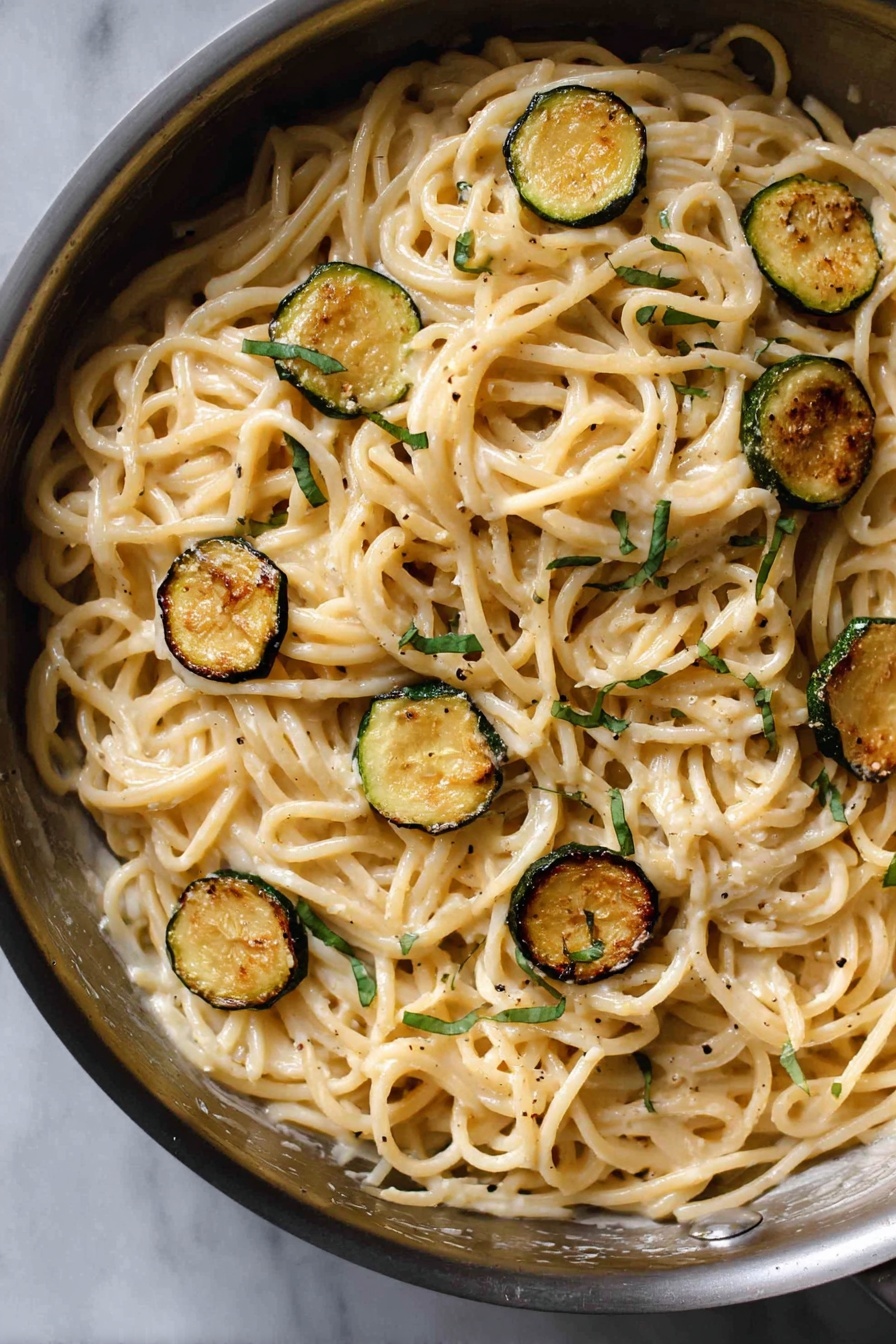 Creamy Zucchini Spaghetti, zucchini pasta with creamy sauce, Italian zucchini pasta, healthy zucchini pasta recipe, vegan zucchini spaghetti - A close-up of a pan filled with creamy spaghetti noodles that are slightly twisted and intertwined. Scattered on top are small round pieces of golden brown cooked zucchini with a slight crisp texture on the edges. Thin strips of fresh green herbs are also sprinkled evenly over the pasta. The pasta has a light-colored cream sauce coating with a mild shine, and a few light specks of black pepper are visible throughout. The pan sits on a white marbled surface. photo taken with an iphone --ar 2:3 --v 7