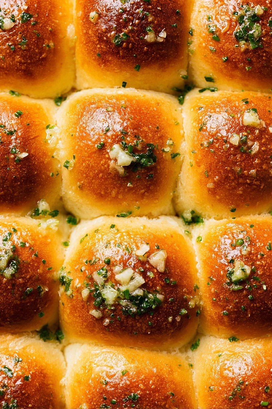 Garlic Bread Rolls, homemade garlic bread, buttery garlic rolls, soft bread rolls, easy garlic bread recipe - A close-up view of soft, round dinner rolls arranged in a 3x3 grid, each roll with a shiny golden brown top that is slightly darker in the center, showing a smooth and glossy texture. The rolls are closely packed, with slightly yellow sides touching each other. They are sprinkled with small bits of chopped green herbs and minced garlic scattered unevenly on top, adding a fresh contrast to the warm tones. The background is not visible, focusing tightly on the rolls. Photo taken with an iphone --ar 2:3 --v 7