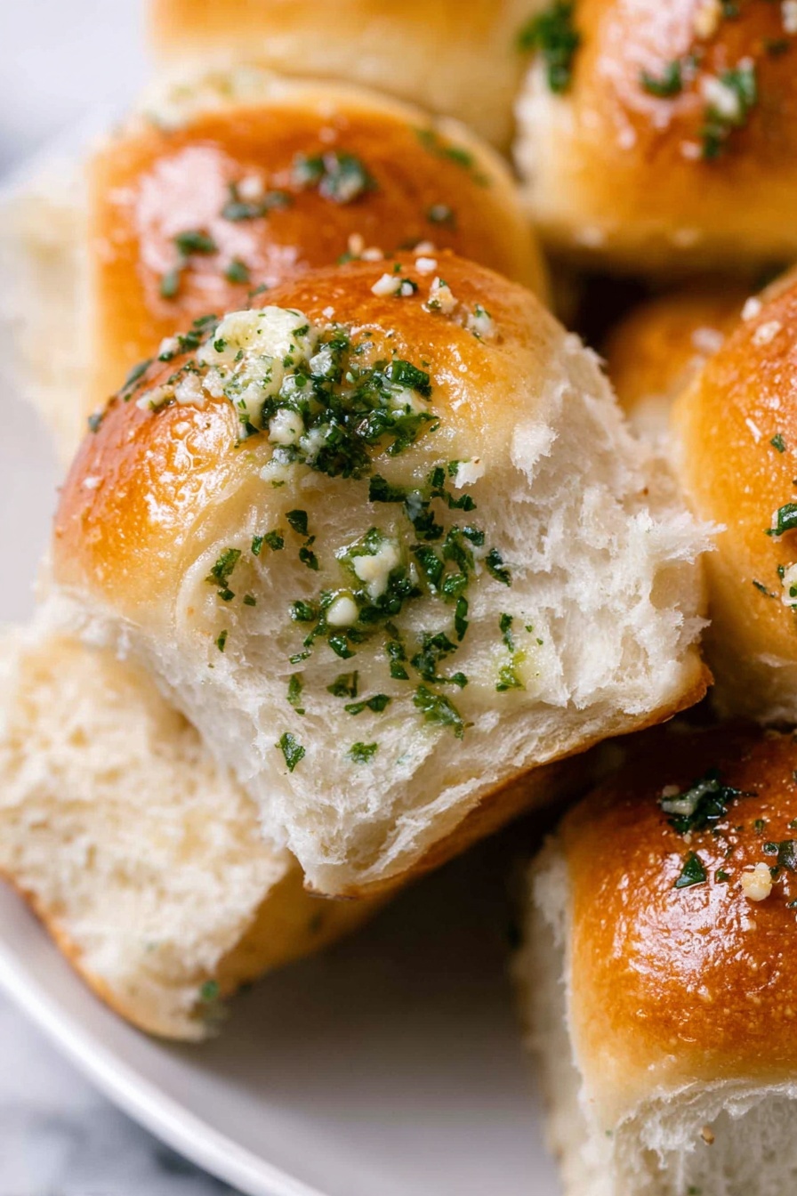 Garlic Bread Rolls, homemade garlic bread, buttery garlic rolls, soft bread rolls, easy garlic bread recipe - The image shows close-up soft dinner rolls with a shiny golden-brown top layer brushed with garlic butter and small pieces of chopped green herbs, likely parsley, sprinkled generously. The inside of the roll is fluffy and white with a light and airy texture. The rolls are placed closely together on a white plate over a white marbled surface. The focus is on one roll slightly pulled apart to show its soft inside. Photo taken with an iphone --ar 2:3 --v 7