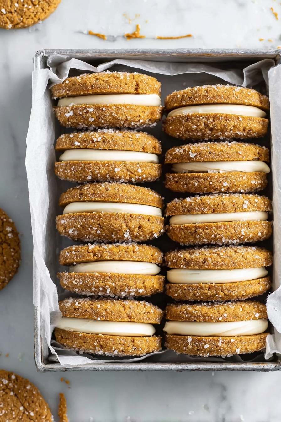 Gingerbread Sandwich Cookies with Vanilla Frosting, holiday gingerbread cookies, festive sandwich cookies, spicy gingerbread treats, vanilla frosting sandwich cookies - A stack of sandwich cookies arranged in a pyramid on a white plate, each cookie having two golden-brown textured layers with sugar crystals on the surface and a thick layer of smooth white cream filling in the middle. The cookies show some cracks and rough edges, creating a crunchy look, and the creamy filling is even and slightly raised between the cookie layers. The background is a soft focus with blurred hints of green and red, and the surface beneath the plate is a white marbled texture. photo taken with an iphone --ar 2:3 --v 7