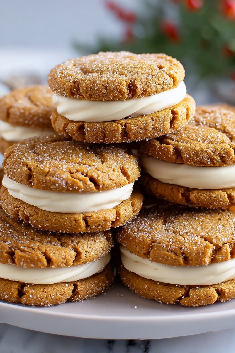 Gingerbread Sandwich Cookies with Vanilla Frosting, holiday gingerbread cookies, festive sandwich cookies, spicy gingerbread treats, vanilla frosting sandwich cookies - The image shows three neat rows of sandwich cookies stacked upright inside a metal tray lined with white parchment paper. Each cookie is made of two golden-brown, sugar-coated biscuit layers with visible coarse sugar crystals on the outside, and a smooth, creamy white filling sandwiched in the middle. The biscuits appear crumbly with a slightly rough texture, and the cream layer is thick and even. The tray sits on a white marbled surface, with a few sugar crumbs scattered around. Photo taken with an iphone --ar 2:3 --v 7