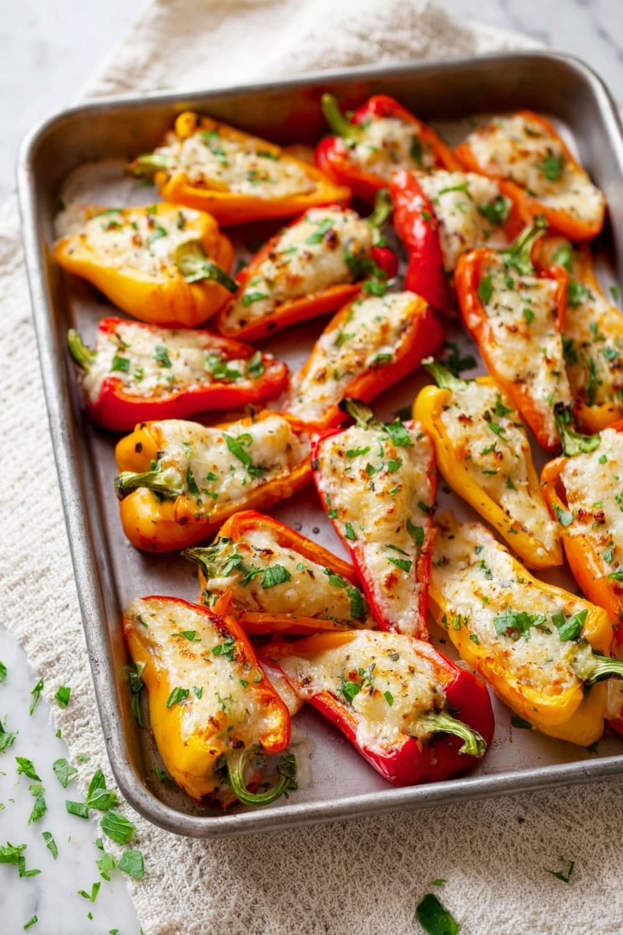 Cream Cheese Stuffed Mini Peppers, Stuffed Mini Peppers Appetizer, Easy Mini Peppers Recipes, Party Snack Ideas, Simple Canapés - A metal tray is full of many halved mini bell peppers in red, orange, and yellow colors. Each pepper half is filled with a creamy white mixture topped with melted light brown cheese and small green herb pieces scattered on top. The tray is placed on a light cream-colored textured cloth with a white marbled surface underneath. Small green herb pieces are also sprinkled around the tray. photo taken with an iphone --ar 2:3 --v 7