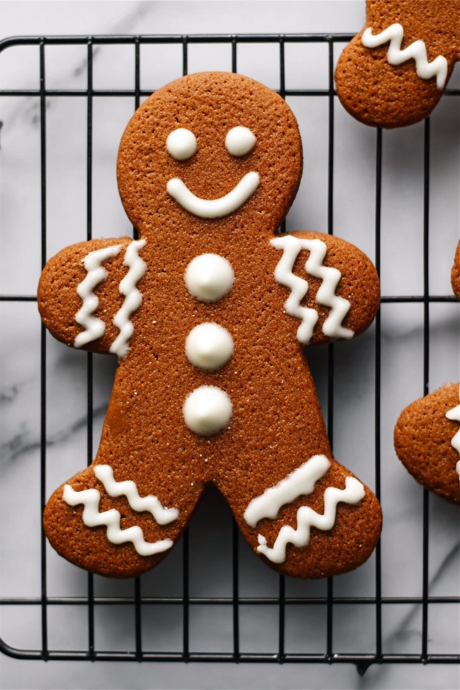 Gingerbread Men Cookies, holiday cookie recipe, baking gingerbread cookies, festive gingerbread treats, homemade gingerbread men - A gingerbread cookie shaped like a person sits on a black wire cooling rack placed on a white marbled surface. The cookie is a warm brown color with smooth texture, decorated with white icing. The icing forms a smiling face, three round buttons on the chest, and zigzag patterns on the arms and legs, all evenly spaced. The lighting highlights the cookie’s slightly raised edges, making it look soft and fresh. Photo taken with an iphone --ar 2:3 --v 7