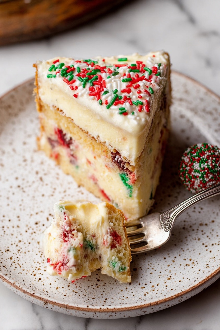 Sugar Cookie Cheesecake, easy sugar cookie cheesecake, no-bake sugar cookie cheesecake, creamy cheesecake with sugar cookie crust, festive cheesecake dessert - A slice of two-layer cake on a white plate with brown speckles, placed on a wooden surface. The cake has a bottom layer of light-colored cake with red and green specks and a thick top layer of creamy, pale yellow filling with red and green specks mixed in. On the side of the slice, there is a white creamy layer decorated with red, green, and white sugar sprinkles. Some sprinkles are scattered on the plate next to the cake slice. Photo taken with an iphone --ar 2:3 --v 7