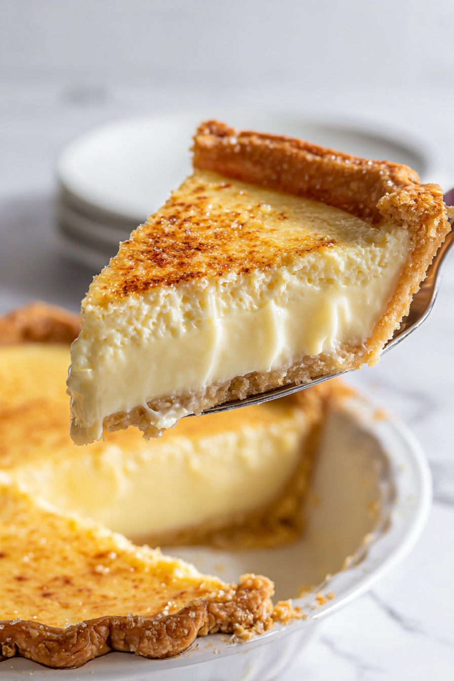 Egg Custard Pie, classic egg custard pie, creamy custard pie, easy custard pie recipe, beginner-friendly custard pie - A slice of creamy pie is being lifted above the rest of the pie in a white pie tin. The pie has three layers: a light golden brown crust with a flaky texture at the bottom, a thick pale yellow custard filling in the middle that looks smooth and soft, and a slightly browned, speckled top layer that has a slightly rough texture. The background is a white marbled surface, and a white plate is blurred in the background. Photo taken with an iphone --ar 2:3 --v 7