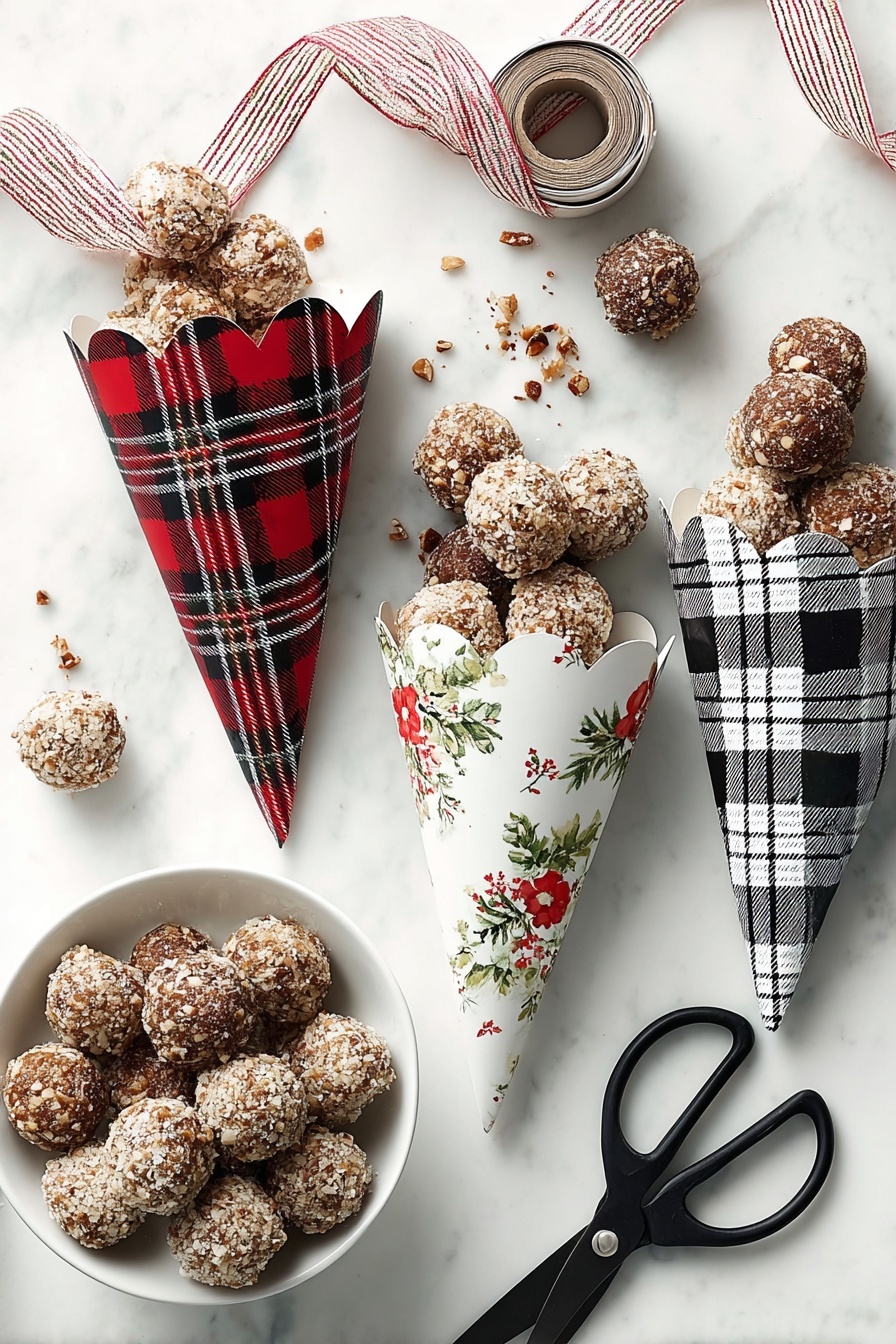 Quick Bourbon Balls, bourbon balls no-bake, easy holiday treats, chocolate bourbon bites, simple whiskey desserts - The image shows round, nut-covered dessert balls arranged in three decorative paper cones with scalloped edges; the left cone has a red and black plaid pattern, the middle one is white with green and red floral prints, and the right cone has a black and white plaid pattern. Each cone is filled with several dessert balls, and a few are scattered around on the white marbled surface. At the bottom left corner, a white bowl holds several more of these balls. To the right, an old black pair of scissors lies on the surface, and at the top left, a spool with a ribbon showing red stripes is partly unraveled, adding a festive touch. Photo taken with an iphone --ar 2:3 --v 7
