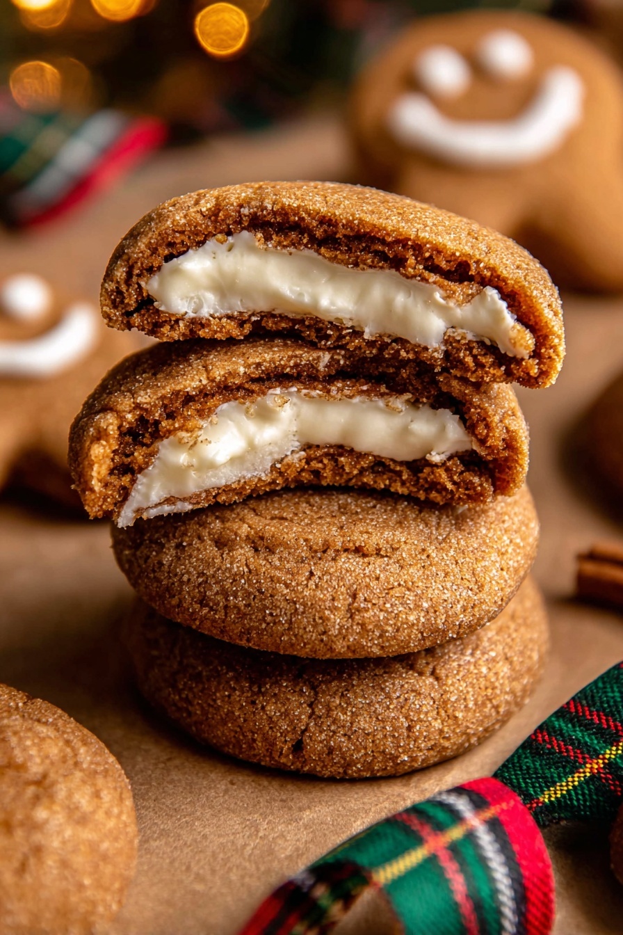 Gingerbread Cheesecake Cookies, holiday spiced cookies, creamy cheesecake cookies, gingerbread dessert ideas, festive cookie recipes - A stack of four round cookies is shown, each cookie has a thick light brown outer layer with a slightly crispy texture, and a creamy white filling in the center partially visible due to each cookie being broken in half; the stack is on a brown paper surface with more whole cookies scattered around, including one smiling gingerbread man cookie in the blurred background, and a green, red, and yellow plaid ribbon lies in the front bottom right corner; the scene has warm lighting with a cozy holiday feel. photo taken with an iphone --ar 2:3 --v 7