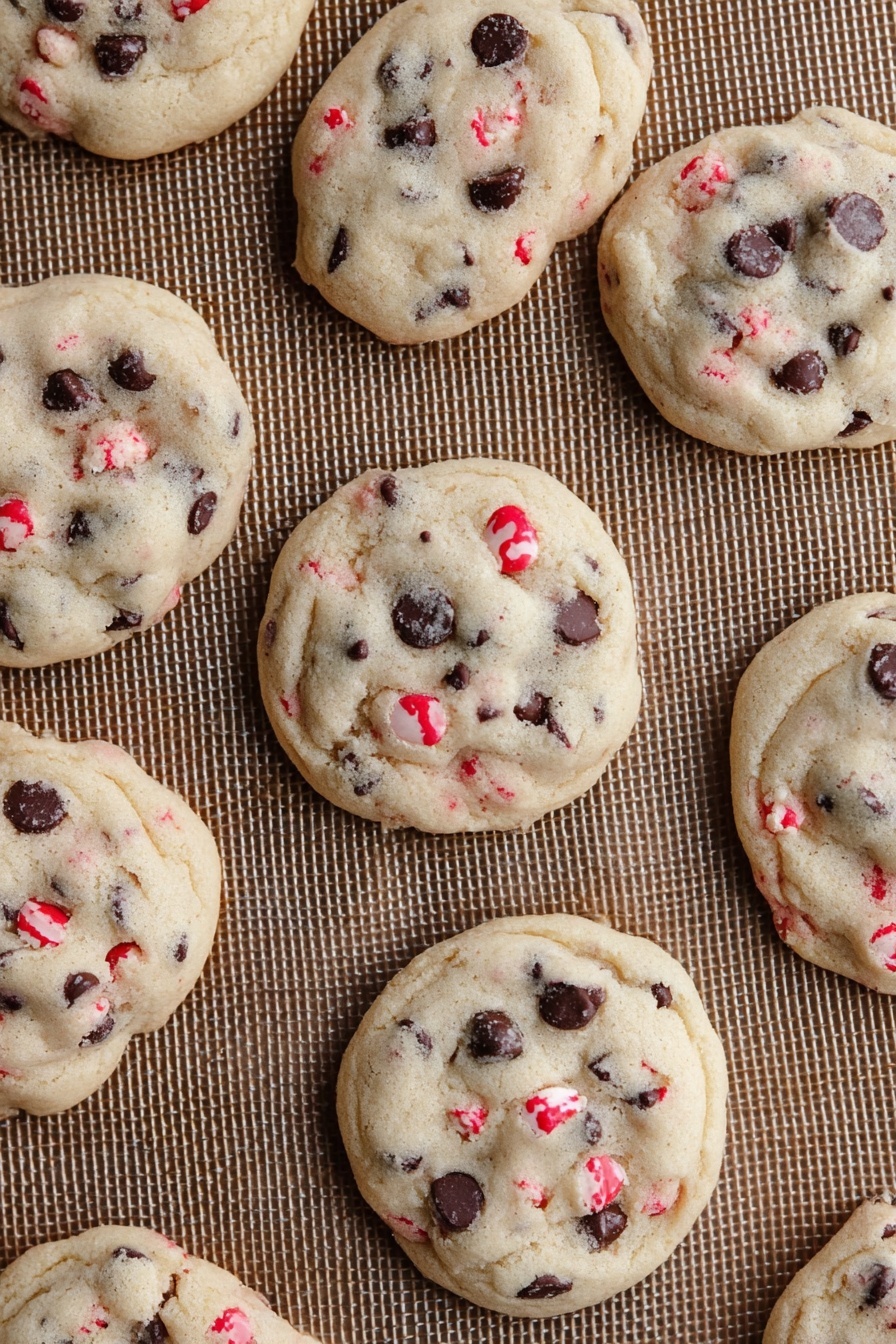 Peppermint Oreo Cookie Cups, peppermint cookie cups, holiday peppermint cookies, mint chocolate cookie cups, festive Oreo treats - Several round cookies with a light beige color are spread out on a brown textured mat. Each cookie has visible dark brown chocolate chips and small red candy pieces embedded across the surface. The cookies have a soft, slightly bumpy texture and are spaced evenly apart, showing their round edges clearly. The background underneath the mat is a white marbled surface. photo taken with an iphone --ar 2:3 --v 7