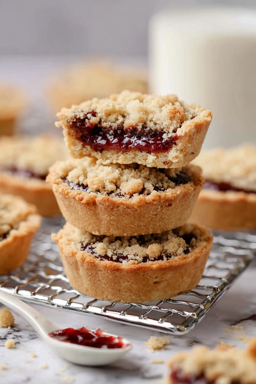 Raspberry Crumble Cookies, raspberry cookies with crumble topping, easy raspberry dessert, fruity cookie recipes, homemade raspberry cookies - The image shows a stack of three small round crumb-topped jam tarts placed on a metal rack over a white marbled surface. Each tart has a thick, golden brown crumbly crust around the edge and a layer of dark red jam slightly visible beneath the crumb topping. In front of the tart stack, there is a broken tart piece showing the same layers: crumb topping, dark jam, and crust. Next to the broken piece is a small white spoon with dark red jam inside. The background is softly blurred with more tarts and a glass of milk. Photo taken with an iphone --ar 2:3 --v 7