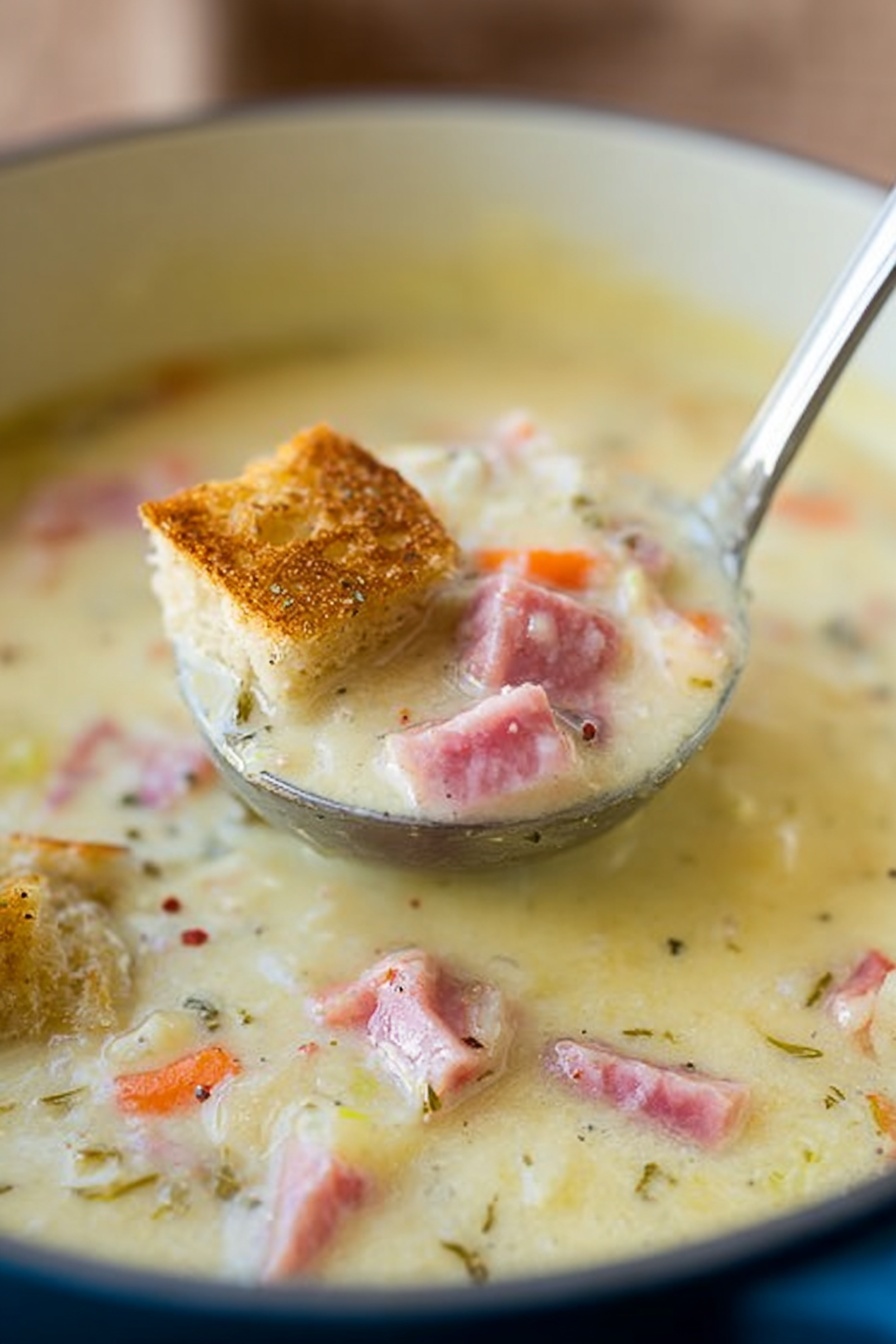Reuben Soup with Sauerkraut and Swiss, Reuben-inspired soup, hearty Reuben soup recipe, creamy Reuben soup, easy Reuben soup - A close-up view of a large silver ladle filled with thick creamy soup showing pink pieces of meat, small chunks of orange carrot, and some small bits of other vegetables and herbs mixed throughout. The soup in the ladle is pale yellow with a smooth and slightly chunky texture. It is held above a large pot filled with the same creamy soup, which also displays pink meat chunks and orange carrot pieces scattered in the pale yellow base. The background is out of focus with a soft brown hue, emphasizing the thick soup in the ladle. photo taken with an iphone --ar 2:3 --v 7
