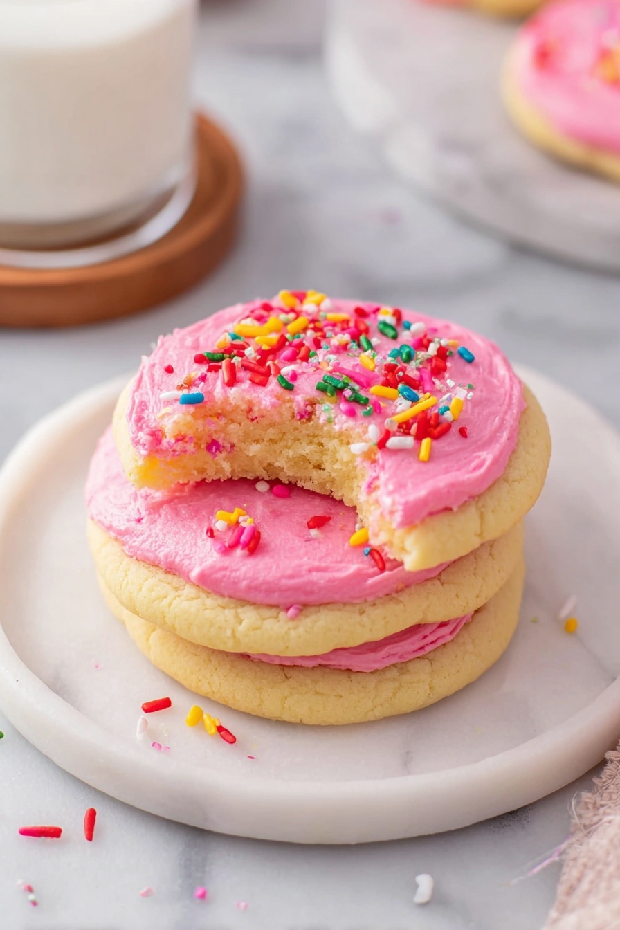 Frosted Sugar Cookies, easy sugar cookies with frosting, homemade sugar cookies, soft sugar cookie recipe, best frosted sugar cookies - The image shows a stack of three soft, pale yellow cookies with a rough texture, each separated by a thick layer of bright pink frosting. The top cookie has more pink frosting swirled on top with colorful sprinkles scattered over it, including red, white, yellow, blue, and green. They sit on a small white marble round plate, with a few sprinkles spilled around the base. The background is a white marbled surface with a blurred light-colored cup and woven coaster in the back photo taken with an iphone --ar 2:3 --v 7