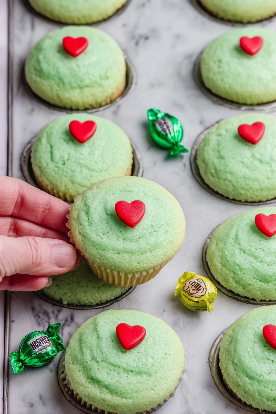 Grinch Cookie Cups with Hershey’s Kisses, festive Christmas cookies, green holiday treats, chocolate stuffed cookie cups, easy holiday cookie recipes - A dark gray muffin tray holds 18 small round green cookies inside each cup, with a soft and slightly bumpy texture. A woman's hand with green nail polish is placing a small red heart-shaped decoration on one of the cookies in the center. Some cookies already have a red heart decoration pressed slightly into their surface. The tray rests on a white marbled surface. photo taken with an iphone --ar 2:3 --v 7