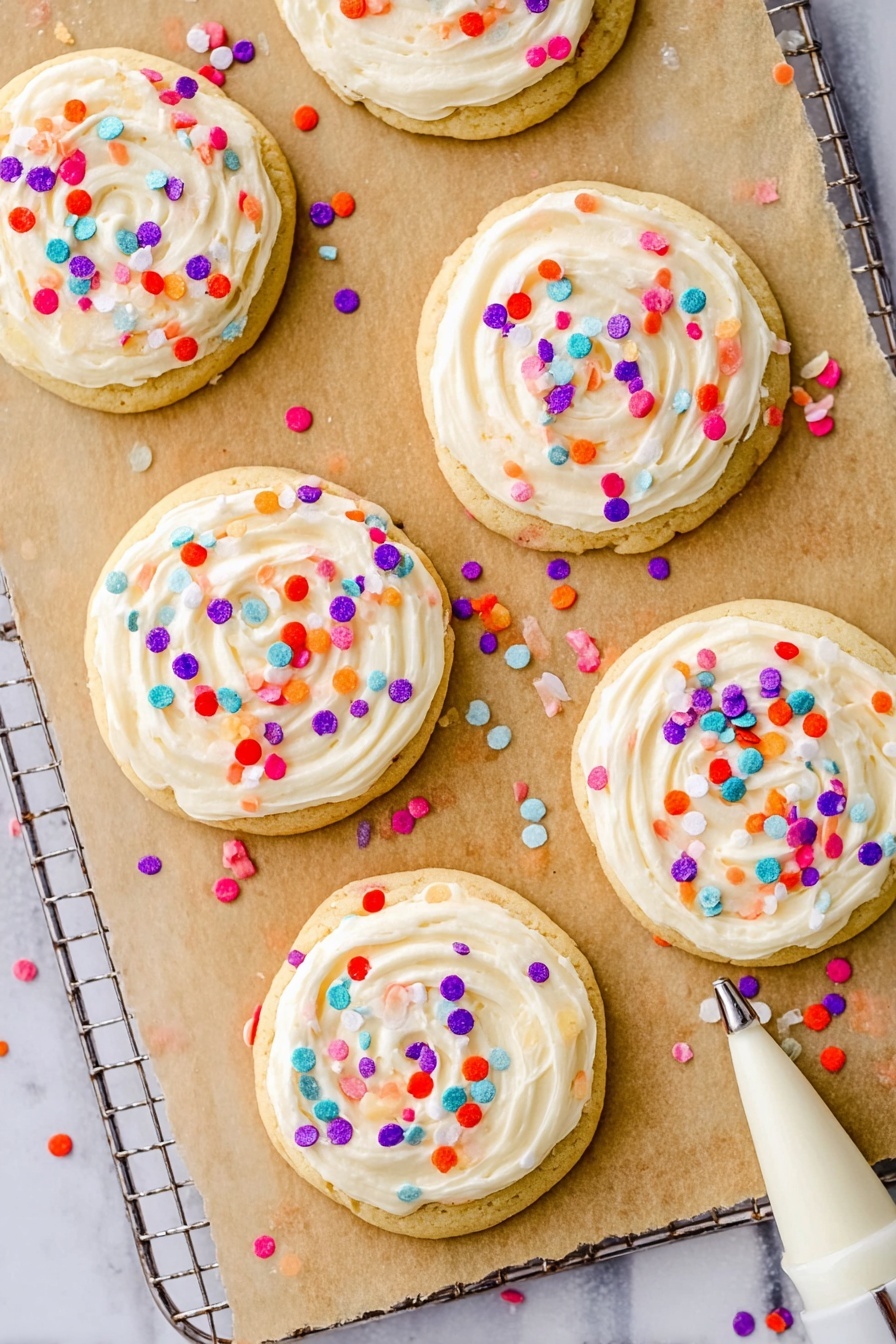 Confetti Cake Mix Cookies with Cream Cheese Frosting, colorful cake mix cookies, easy celebration cookies, soft cake mix cookies with frosting, festive dessert recipes - Six soft round cookies are shown on a white marbled surface lined with brown parchment paper and a wire cooling rack. Each cookie has one thick, creamy white frosting layer swirled on top, covering nearly the entire cookie. The frosting is dotted with colorful round confetti sprinkles in red, purple, orange, aqua blue, and white, scattered both on the frosting and the paper around the cookies. At the bottom right corner, a white piping bag with a metal tip is partly visible as if it was just used to decorate the cookies. Photo taken with an iphone --ar 2:3 --v 7