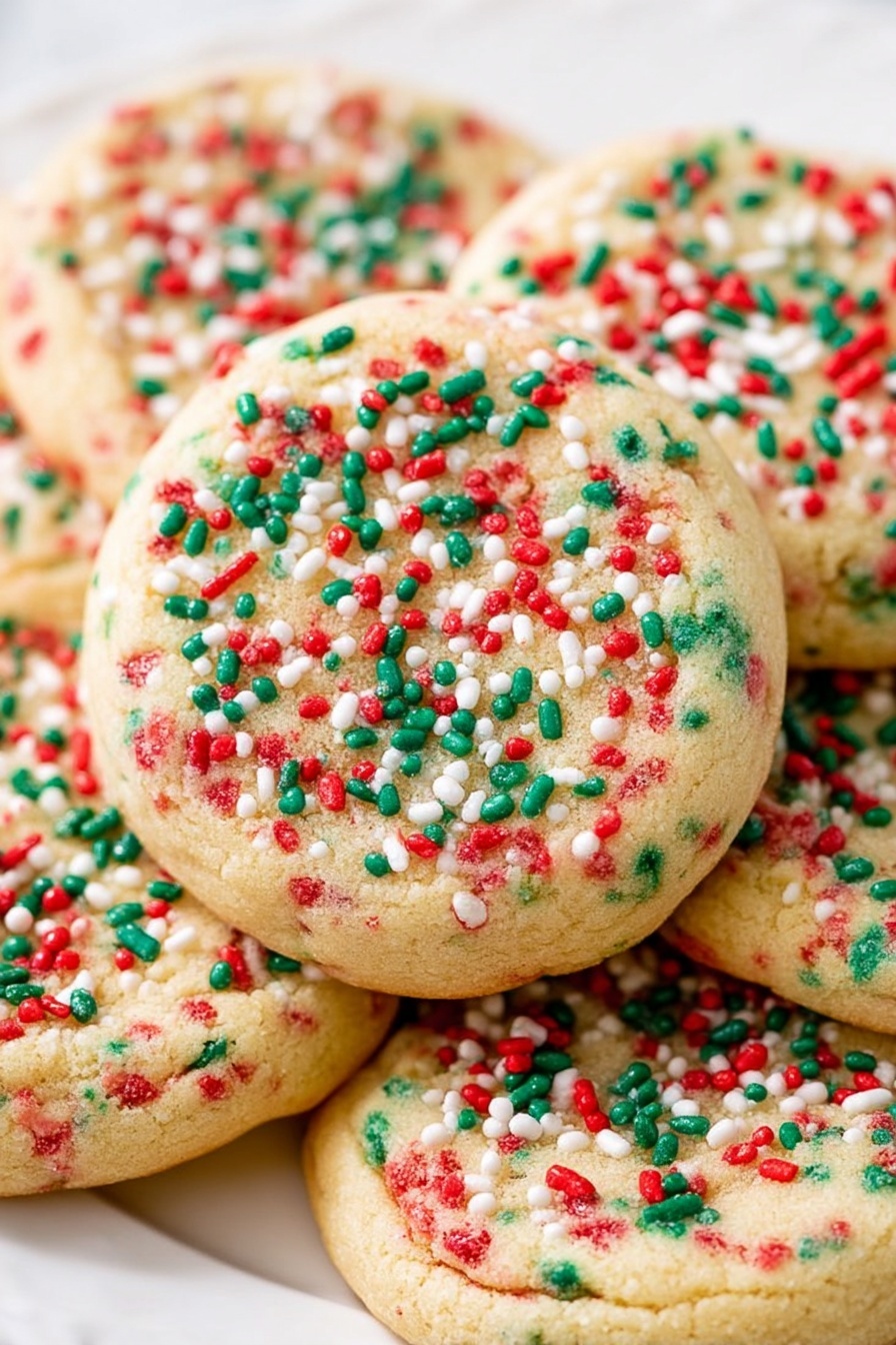 No-Roll Christmas Sprinkle Cookies, Christmas sprinkle cookies, easy holiday cookies, no-bake Christmas treats, festive holiday cookies - A white plate filled with twelve round cookies stacked in a slightly overlapping way. Each cookie is light golden brown with a soft texture and topped with colorful sprinkles in red, green, and white, scattered evenly across the surface. The cookies have visible darker spots where chocolate chips or similar small ingredients are baked inside. The plate sits on a white marbled surface, adding a clean, bright background to the image. Photo taken with an iphone --ar 2:3 --v 7
