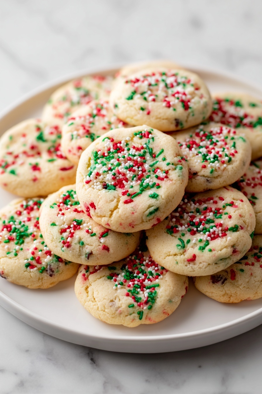 No-Roll Christmas Sprinkle Cookies, Christmas sprinkle cookies, easy holiday cookies, no-bake Christmas treats, festive holiday cookies - A white plate holds several round cookies with a light golden-brown color. Each cookie has red, green, and white sprinkles spread on top, giving them a festive look. The cookies are close together, slightly overlapping, showing a soft texture with some colorful bits inside the dough. The background and surface are white with a marbled pattern. photo taken with an iphone --ar 2:3 --v 7