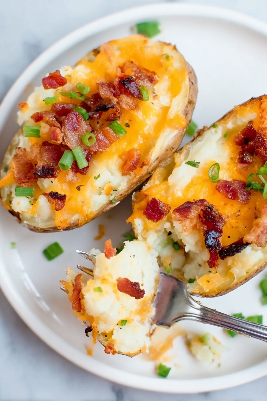 Twice Baked Potatoes with Bacon and Cheese, best twice baked potatoes, loaded potato recipes, cheesy bacon stuffed potatoes, comfort food potato dishes - The image shows two potato skins on a white plate with a small amount of green garnish scattered around. Each potato skin has three visible layers: a light brown crispy skin on the outside, a soft and fluffy white mashed potato filling in the middle, and a bright orange melted cheese layer on top. Small pieces of crispy reddish-brown bacon are sprinkled evenly over the cheese layer. Some small green chives are scattered on top and around the potato skins. A silver fork holds a bite-sized piece of the potato skin, showing the layered texture. The surface underneath the plate is a white marbled texture. Photo taken with an iphone --ar 2:3 --v 7