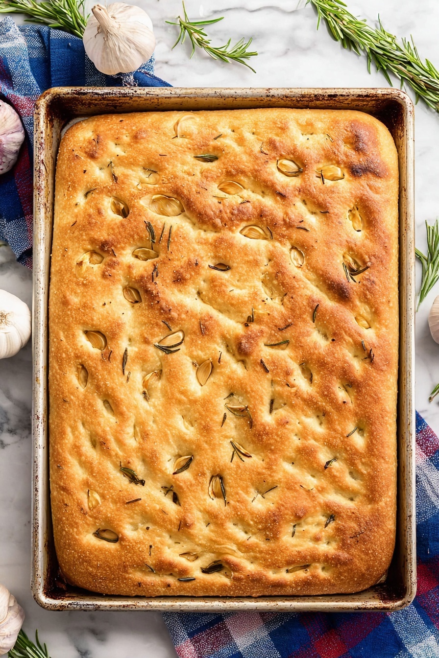 Garlic Rosemary Focaccia Bread, homemade focaccia bread recipe, garlic rosemary bread, easy focaccia recipe, crispy garlic rosemary bread - A large rectangular focaccia bread with a golden-brown crust sits in a well-used metal baking tray. The top layer is dotted with small indentations filled with olive oil and scattered rosemary leaves and garlic cloves, giving it a textured look. The bread’s surface has an armchair-soft, bumpy texture with some spots darker than others from baking. The tray is placed on a white marbled surface with garlic bulbs, a blue and red checkered cloth, and fresh rosemary sprigs nearby, adding to the rustic kitchen setting. Photo taken with an iphone --ar 2:3 --v 7