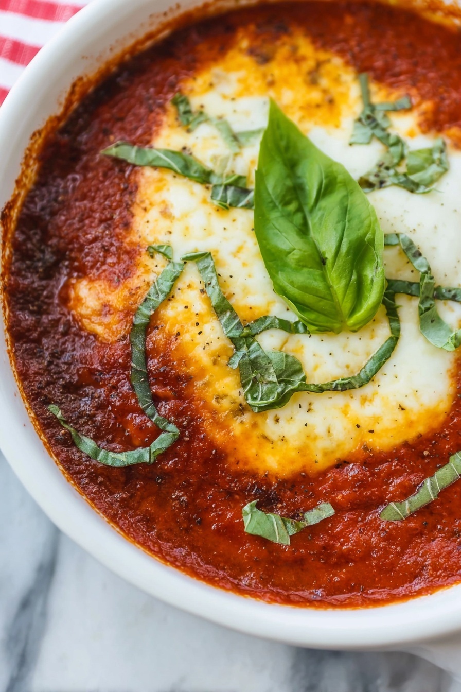 Baked Goat Cheese Marinara Dip, goat cheese appetizer, baked cheese dip, marinara cheese dip, savory party dip - A white bowl filled with rich red tomato sauce that has a smooth texture and is slightly chunky around the edges. On top of the sauce, there is a large round layer of melted cheese with golden brown spots, giving it a bubbly and creamy look. Scattered over the cheese are thin green strips of fresh basil leaves, with one whole green basil leaf placed in the center as decoration. The bowl sits on a white marbled surface. photo taken with an iphone --ar 2:3 --v 7