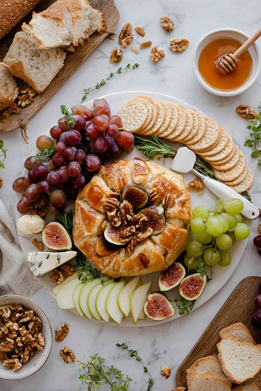 Baked Brie with Jam and Nuts, baked brie appetizer, easy baked brie recipe, puff pastry cheese appetizer, festive cheese dip - A white plate sits on a white marbled surface, holding a round golden-brown pastry topped with halves of figs and scattered walnuts. Around the pastry, there are clusters of red and green grapes, dried apricots, slices of pear with green leaves, round beige crackers stacked on one side, and slices of crusty white bread. Figs with green leaves are also placed near the pears, and a cheese knife with a white handle rests on the plate among the crackers and pears. Nearby on the surface, there is a small white bowl of honey with a wooden honey dipper, a rustic wooden tray with more bread slices and figs, and a small bowl filled with walnuts. Fresh green herbs are scattered around for decoration. Photo taken with an iphone --ar 2:3 --v 7