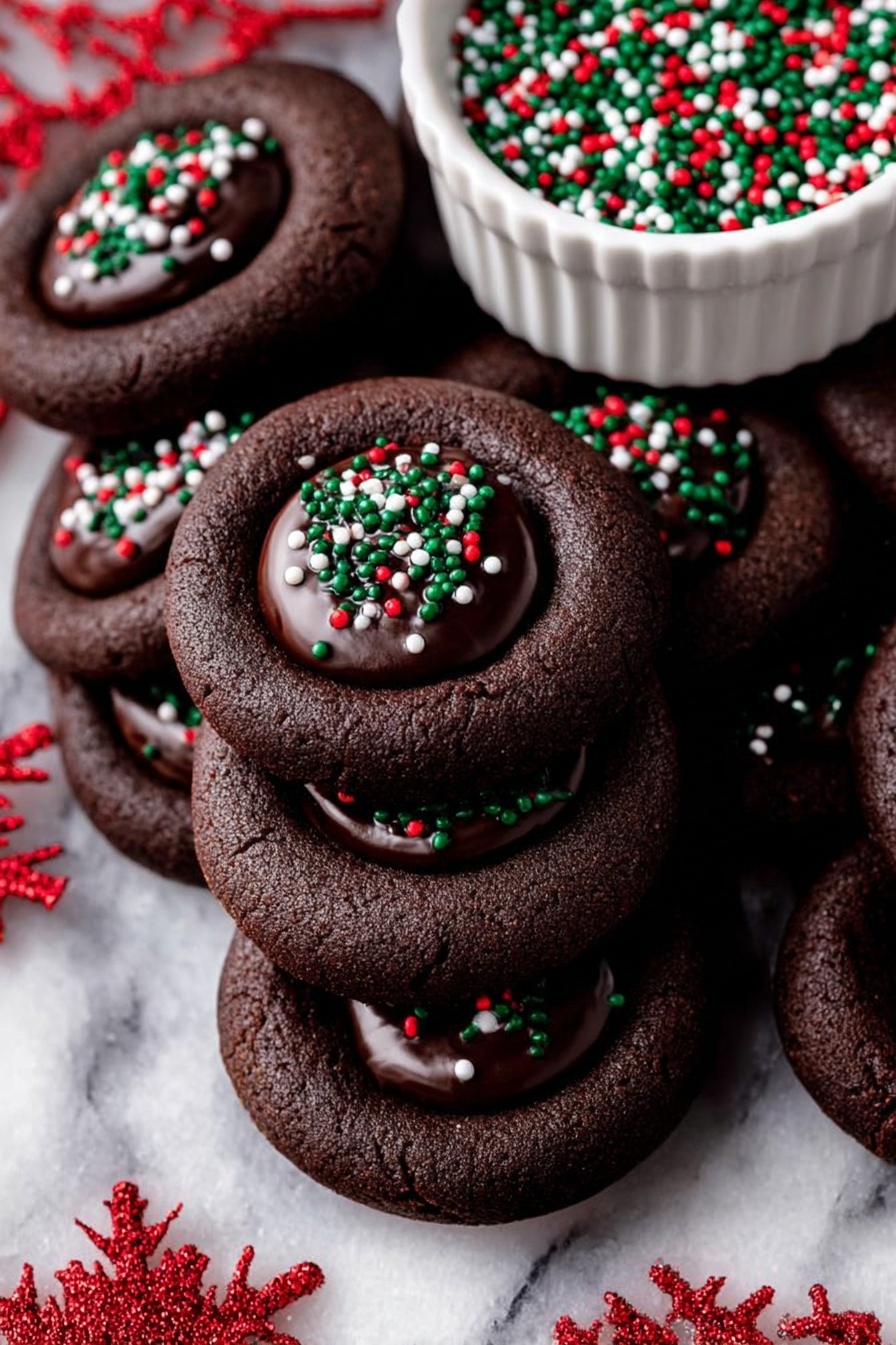 Chocolate Thumbprint Cookies with Ganache, chocolate thumbprint cookies, easy chocolate dessert, homemade holiday cookies, rich chocolate cookies - The image shows several round chocolate cookies arranged in a circle on a white marbled surface. Each cookie has a smooth, dark chocolate center that is glossy, decorated with small, round sprinkles in red, green, and white colors. In the middle of the circle, there is a small, white scalloped bowl filled to the top with the same red, green, and white small round sprinkles. The cookies have a slightly rough texture on their outer edges, contrasting with the shiny chocolate centers. photo taken with an iphone --ar 2:3 --v 7