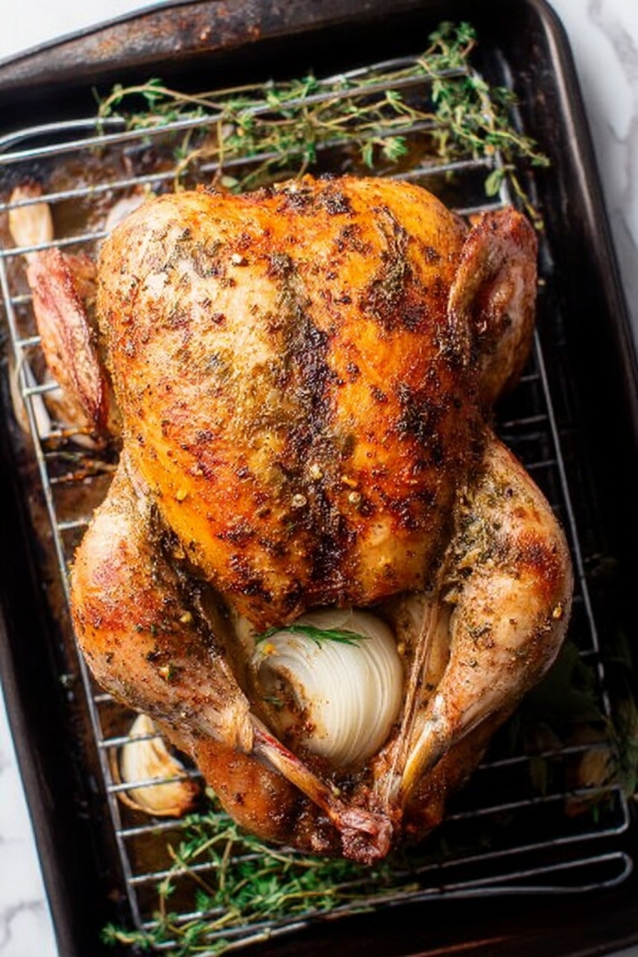 Homemade Turkey Gravy, turkey gravy recipe, how to make turkey gravy, savory gravy for turkey, quick turkey gravy - The image shows a whole roasted chicken with golden brown and crispy skin, seasoned with herbs and spices, resting on a metal rack inside a dark baking tray. The chicken is placed belly-up, with visible wings and legs spread out, and the cavity filled with layers of white onion slices and garlic cloves. Sprigs of green herbs lie around the tray, all set on a white marbled surface. The light highlights the crunchy texture of the chicken skin and the soft, layered look of the onions inside. photo taken with an iphone --ar 2:3 --v 7