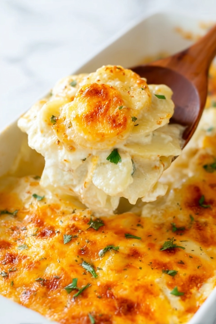Cheesy Scalloped Potatoes, scalloped potatoes with cheese, creamy potato side dish, cheesy potato casserole, easy scalloped potato recipe - A wooden spoon lifts a scoop of creamy scalloped potatoes from a white rectangular baking dish. The dish shows three visible layers: a thick bottom layer of tender white potato slices, a middle layer of smooth white cheese sauce, and a top layer of melted golden-brown cheese with slightly crispy edges. Small green herb pieces are scattered on top, adding color contrast. The background is a white marbled texture. Photo taken with an iphone --ar 2:3 --v 7