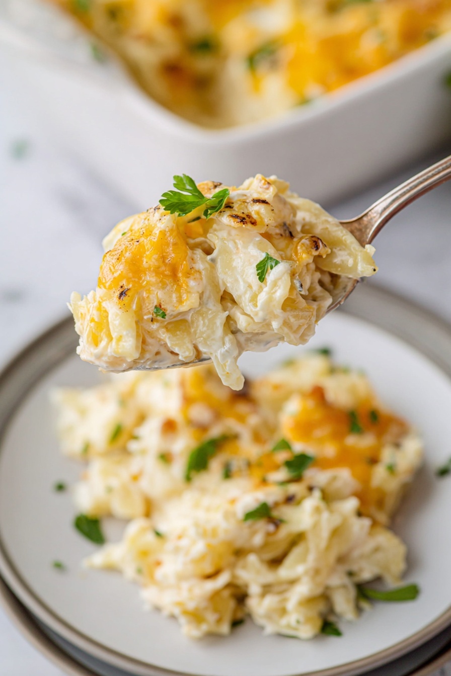 Cheesy Hashbrown Casserole, cheesy hashbrown side dish, cheesy casserole recipe, crispy cheesy potato bake, comfort food hashbrown - A close-up view of a creamy casserole inside a white baking dish, showing two main layers: the bottom layer is a creamy white rice mixture with a soft texture, and the top layer is a golden, crunchy cornflake topping with a few small green herb pieces sprinkled on it. A wooden spoon inside the dish scoops out a portion, revealing the soft rice underneath the crunchy top. Next to the dish, a white plate holds a serving of the casserole, displaying the same two layers with the crunchy cornflakes on top and creamy rice underneath, also garnished with small green herbs. The whole scene sits on a white marbled surface with scattered green herb leaves and a green cloth napkin on the side. Photo taken with an iphone --ar 2:3 --v 7
