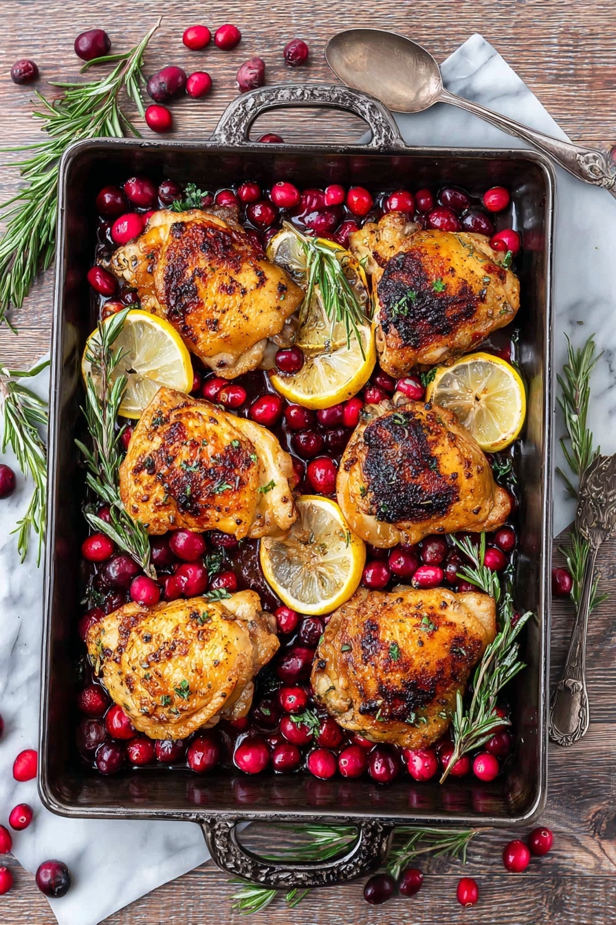 Baked Cranberry Chicken with Rosemary, cranberry chicken recipe, easy holiday chicken, flavorful baked chicken, festive chicken dinner - A black baking tray filled with six pieces of cooked chicken thighs, showing a golden brown crispy skin with darker charred spots. Around the chicken are bright red whole and halved cranberries scattered evenly. There are several slices of cooked lemon placed under and between the chicken pieces, showing a soft yellow color. Sprigs of fresh green rosemary are placed on top and around the chicken, adding texture. The tray is placed on a white marbled surface with a silver spoon to the side, and extra cranberries and rosemary sprigs scattered around. Photo taken with an iphone --ar 2:3 --v 7