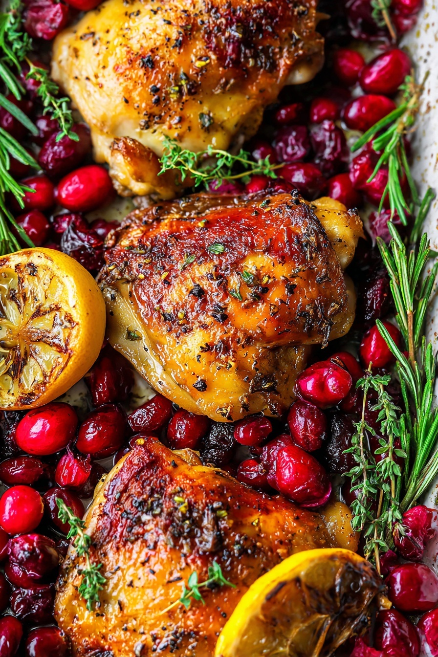 Baked Cranberry Chicken with Rosemary, cranberry chicken recipe, easy holiday chicken, flavorful baked chicken, festive chicken dinner - The image shows a close-up of four golden-brown pieces of roasted chicken with crispy skin, placed on a bed of bright red fresh and cooked cranberries and green herbs like rosemary and thyme. There is a halved lemon with a slightly browned surface among the chicken pieces, adding a pop of yellow. The chicken pieces are well seasoned with visible black pepper and herbs. The whole scene is set on a white marbled textured background, giving a clean and fresh look. The colors of the roasted chicken, red cranberries, green herbs, and yellow lemon make the image rich and vibrant. photo taken with an iphone --ar 2:3 --v 7