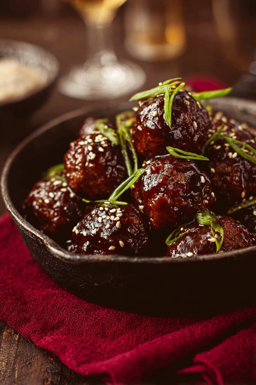 Korean Gochujang Meatballs, spicy meatball recipe, Korean-inspired meatballs, easy Asian meatballs, flavorful sweet-spicy meatballs - A rustic dark pan filled with shiny dark brown meatballs stacked in two layers, each meatball coated with a thick glossy sauce, sprinkled with small sesame seeds and garnished with thin bright green sliced scallions scattered over the top. The pan rests on a deep red cloth, with a soft-focus brown background and a blurred glass in the distance, creating a cozy atmosphere. photo taken with an iphone --ar 2:3 --v 7