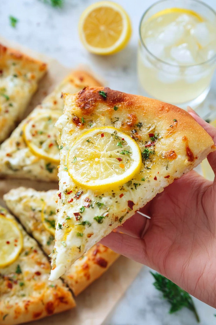 Lemon Pizza with Fresh Mozzarella, lemon pizza recipe, fresh mozzarella pizza, zesty lemon pizza, easy lemon mozzarella pizza - A golden-baked pizza with a thick, fluffy crust sits on a white marbled surface, topped with a white creamy cheese layer spread evenly across its base. Over the cheese, there are green leafy herbs scattered around and three thin, round lemon slices placed on the top right, center, and bottom left areas of the pizza. There are small flakes of red pepper sprinkled across the surface, adding subtle speckles of color. Fresh green parsley leaves are dotted around the pizza, enhancing its fresh look. Around the pizza, there are extra lemon wedges and parsley leaves resting on the white marbled texture. Near the bottom, a small white bowl filled with light yellow grated cheese is placed close by. photo taken with an iphone --ar 2:3 --v 7