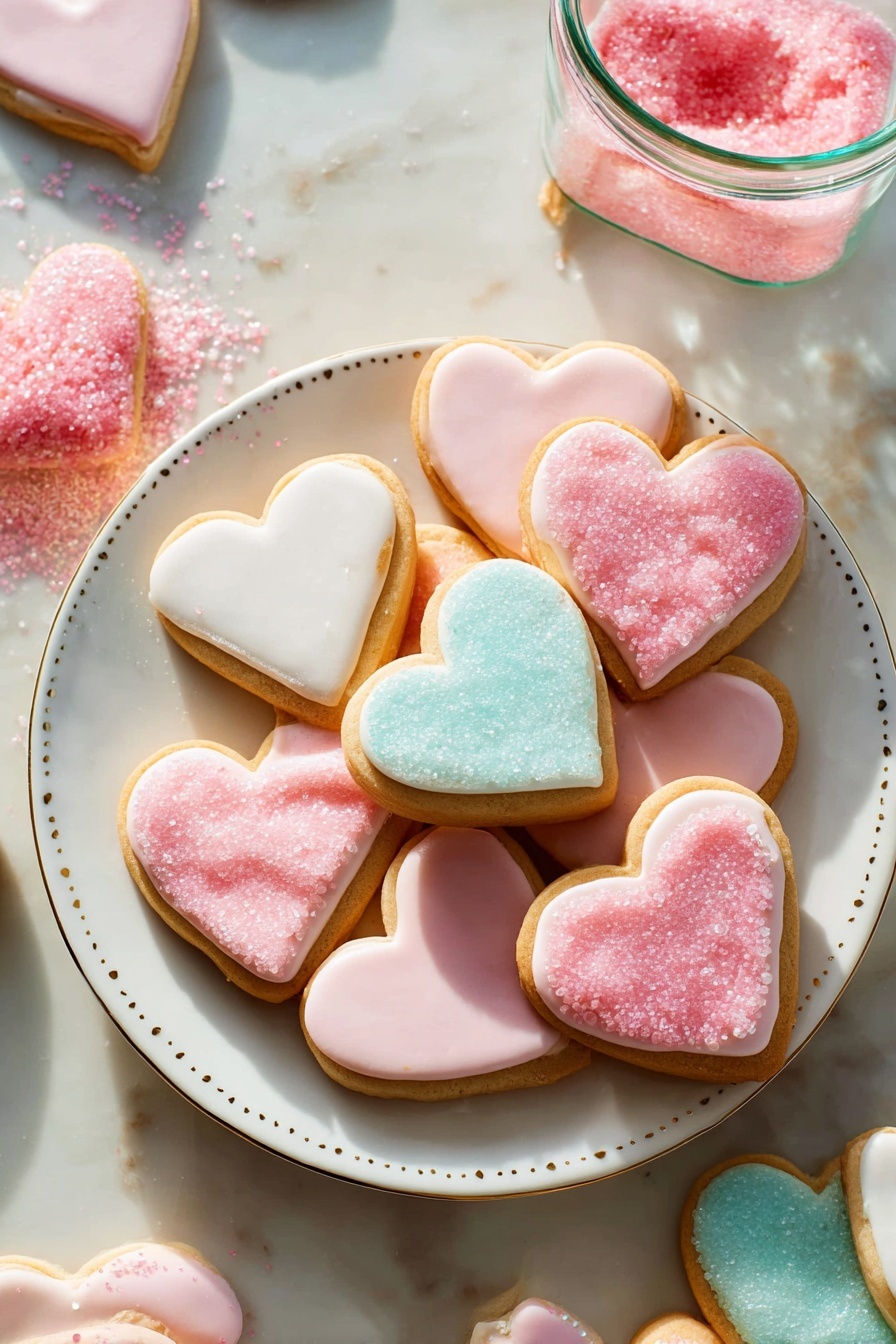 Soft Cut-Out Sugar Cookies, festive sugar cookies, tender decorated cookies, easy cookie decorating recipes, holiday sugar cookie ideas - A white polka-dotted plate holds heart-shaped sugar cookies with smooth icing layers; some cookies have thick pink sugar crystals sprinkled on top of a pink or white frosting layer, others have plain white or light blue smooth icing, each cookie showing a soft golden-brown edge around the icing. The cookies vary in size, stacked and overlapping each other on the plate. Around the plate, there are more decorated cookies and a small clear container with pink sugar crystals tipped over, spilling some onto the white marbled surface. The light is soft and natural, highlighting the pastel colors and delicate texture of the cookies. Photo taken with an iphone --ar 2:3 --v 7