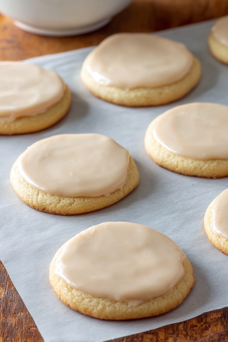 Classic Sugar Cookies, sugar cookies recipe, easy sugar cookies, buttery sugar cookies, soft sugar cookie recipe - The image shows eight round cookies arranged with space between each one on white baking paper over a wooden surface. Each cookie has two layers: a pale golden base with a soft texture, and a smooth, light brown glossy icing layer evenly spread on top, almost matching the cookie's size. The cookies appear freshly baked and the surface of the icing is slightly shiny and smooth. The background includes a blurry white bowl at the top edge. photo taken with an iphone --ar 2:3 --v 7