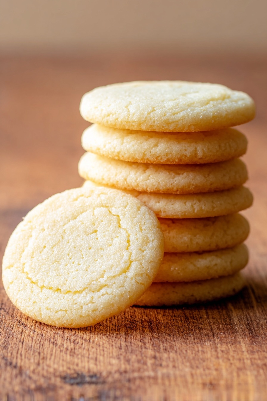 Classic Sugar Cookies, sugar cookies recipe, easy sugar cookies, buttery sugar cookies, soft sugar cookie recipe - A stack of six soft, pale yellow cookies is shown close up, with each cookie having a smooth, slightly cracked surface and a soft texture. The cookies are evenly stacked, with slight rise and gentle edges that look soft and chewy. The stack is placed on a white marbled surface, with warm, natural light highlighting the cookie's fine crumb and soft details. The background is blurred to keep the focus on the cookies. photo taken with an iphone --ar 2:3 --v 7
