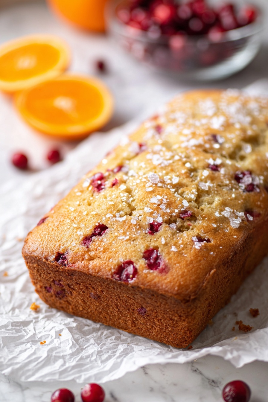 Cranberry Orange Cake, Cranberry Orange Cake Recipe, Festive Citrus Cake, Easy Cranberry Cake, Holiday Fruit Cake - A golden-brown rectangular cake with a slightly rough texture, dotted with small red berries embedded on the top and sides, sits on crinkled white parchment paper. The top has a light sprinkling of coarse sugar crystals that catch the light. On the left side, there are two orange halves and a few scattered red berries, while in the blurred background, a glass bowl filled with more red berries and part of an orange is visible. All is set against a white marbled surface. Photo taken with an iphone --ar 2:3 --v 7