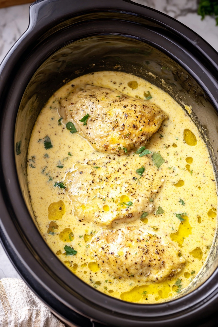 Crock Pot Angel Chicken with Creamy Sauce, crock pot angel chicken, creamy chicken pasta, easy slow cooker chicken, tender chicken with creamy sauce - Inside a dark slow cooker, there is a creamy yellow sauce with black pepper and small green herb pieces scattered on top. Two pieces of golden brown chicken are partially covered by the sauce. The creamy sauce has a smooth texture with some small bubbles and herbs floating on the surface. The slow cooker is placed on a white marbled surface with part of a cloth visible on the side. photo taken with an iphone --ar 2:3 --v 7