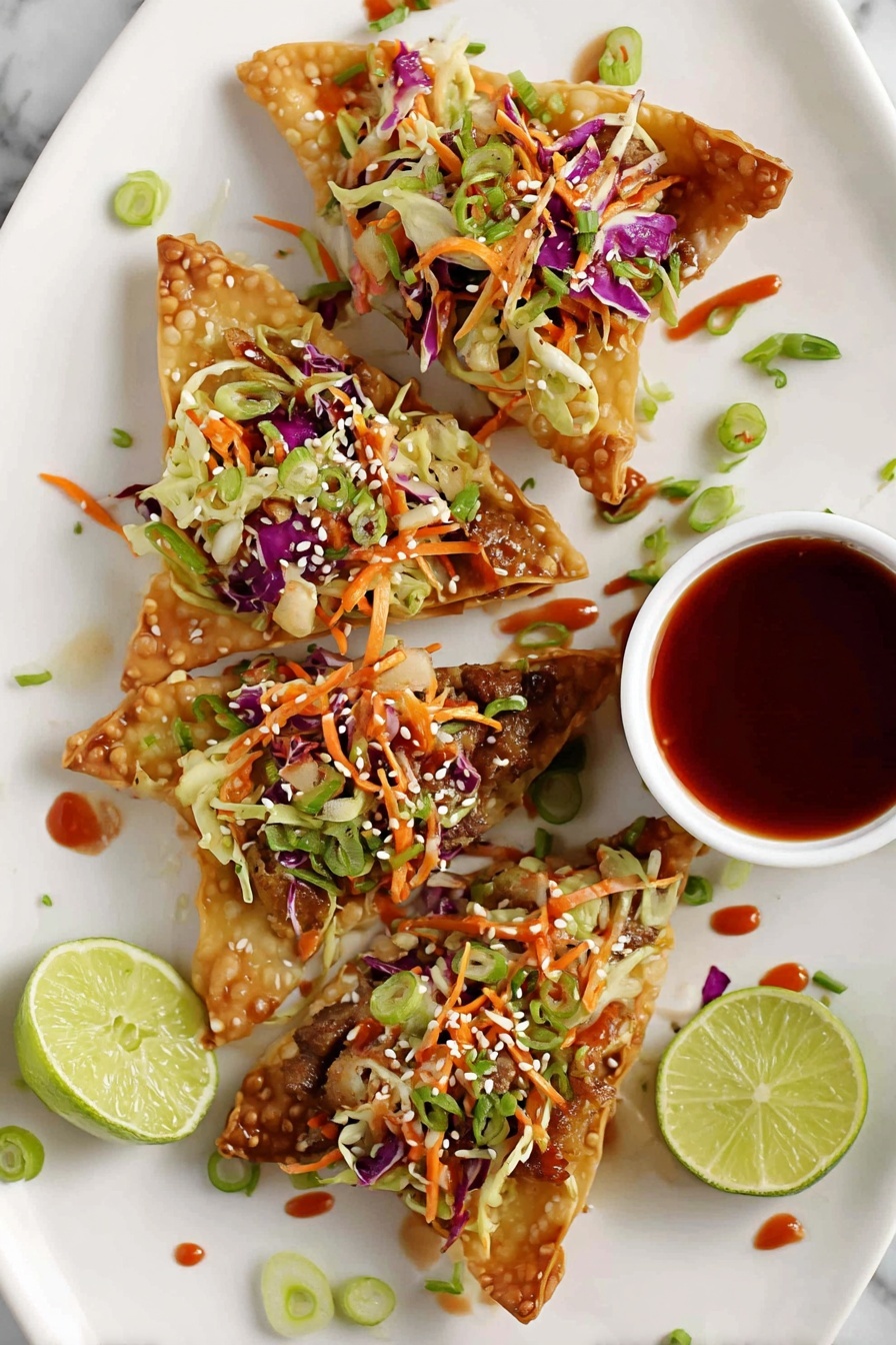 Chicken Wonton Tacos, Asian-inspired tacos, crispy wonton tacos, easy chicken taco recipes, quick appetizer ideas - The image shows four triangular pieces of crispy wonton chips topped with a colorful mix of shredded cabbage, purple cabbage, thin carrot strips, and small bits of green herbs, creating a fresh and crunchy layer. Underneath the vegetable mix, there is a layer of cooked meat with a slightly browned texture peeking through. The toppings are sprinkled with white sesame seeds and a drizzle of a reddish sauce. Two lime wedges are placed on the white plate, one near the bottom left and one near the top right, next to a small white bowl filled with a dark red dipping sauce. Scattered green onion pieces and bits of vegetables decorate the plate around the wontons, all set on a white marbled surface. Photo taken with an iphone --ar 2:3 --v 7